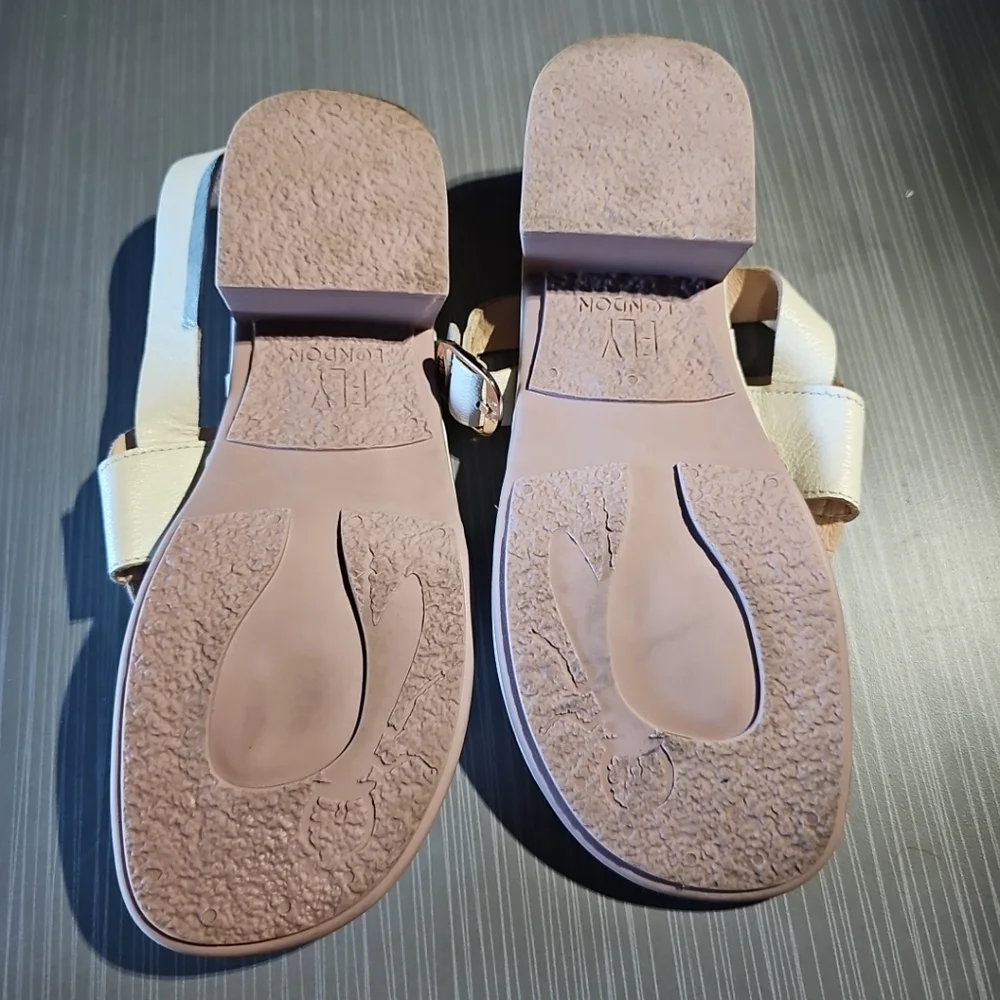 Fly London Beige Emat Leather Buckle Gladiator Mule Sandals Size 38 US 7/7.5 EUC